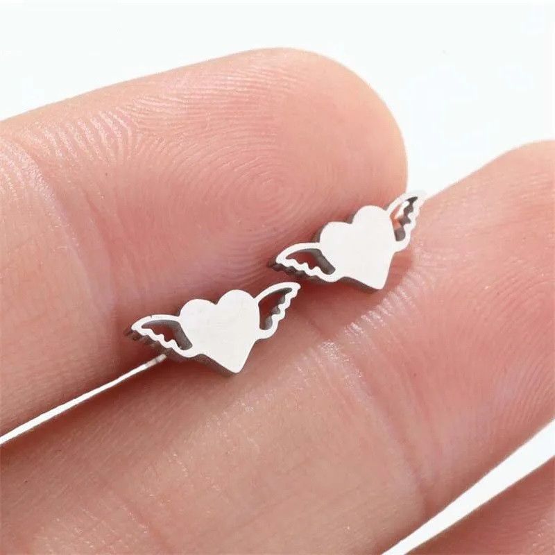 Jewelry Heart Wings Stud Earrings Charm Earring Gift Size ONE SIZE - 1 Thumbnail