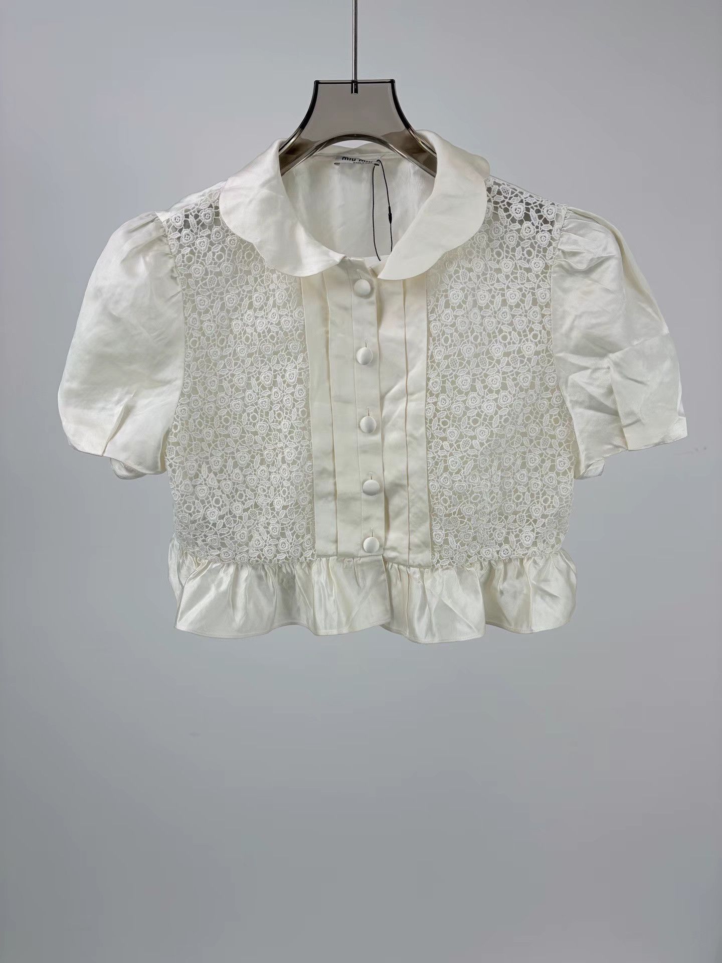 Miu Miu MIUMIU Lace Panel Peter Pan Collar Short Sleeve Shirt Size M / US 6-8 / IT 42-44 - 1 Thumbnail