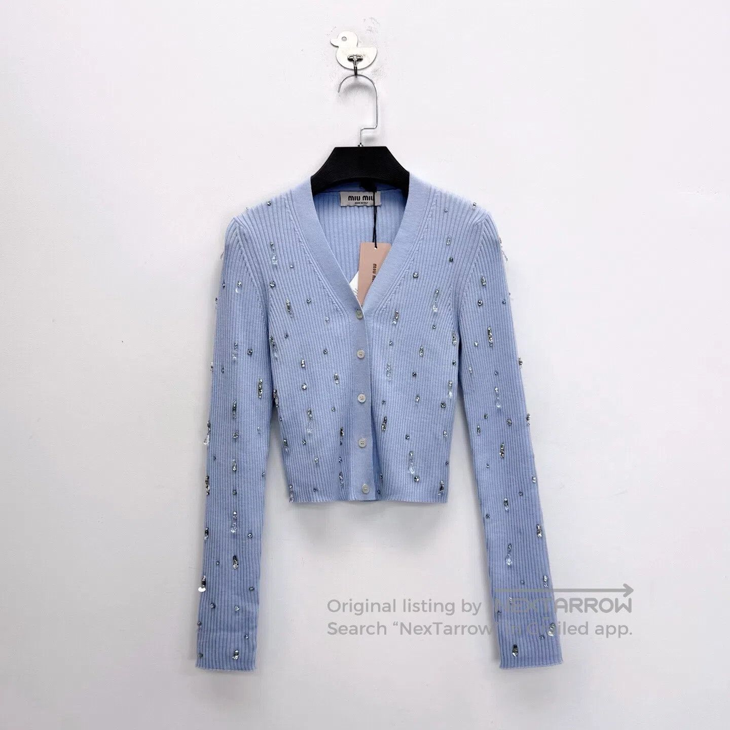 Miu Miu Miu Miu Light Blue Crystal Wool Knit Cardigan| Size S / US 4 / IT 40 - 1 Thumbnail
