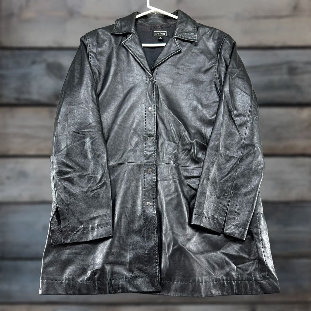 Vintage VINTAGE Artifacts Coat Womens L Black Long Genuine Leather Lined Overcoat 90s Size L / US 10 / IT 46 - 1 Thumbnail