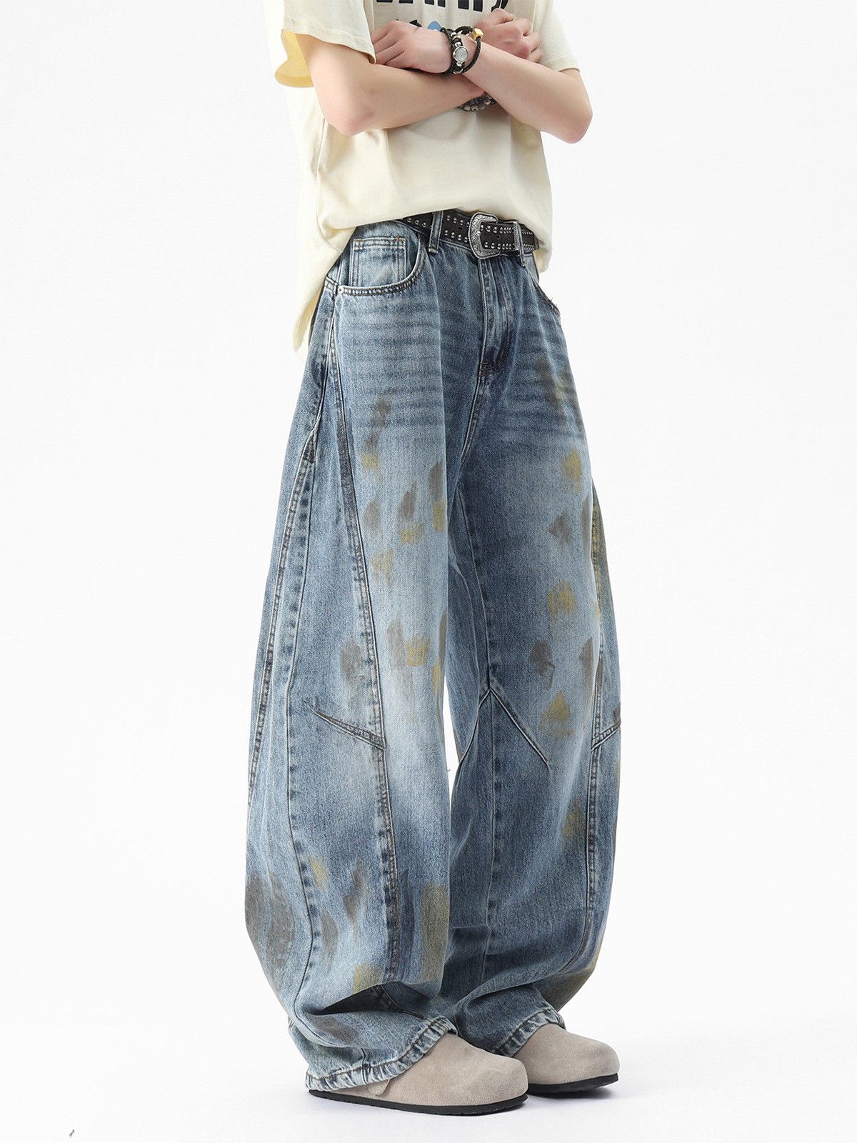 Japanese Brand Distressed men's vintage wide-leg dirty-dyed scimitar jeans Size US 32 / EU 48 - 4 Thumbnail