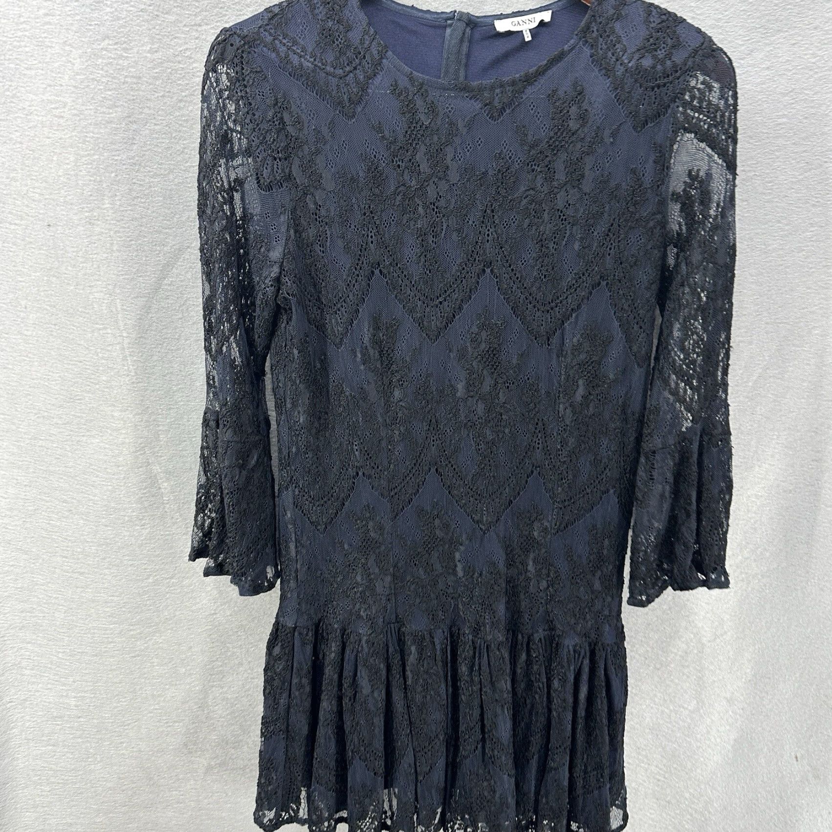 Ganni GANNI Women Dress Shift XS Lace Floral Bohemian 2020s Drop Waist Short Sleeve Navy Blue Size XS / US 0-2 / IT 36-38 - 4 Thumbnail
