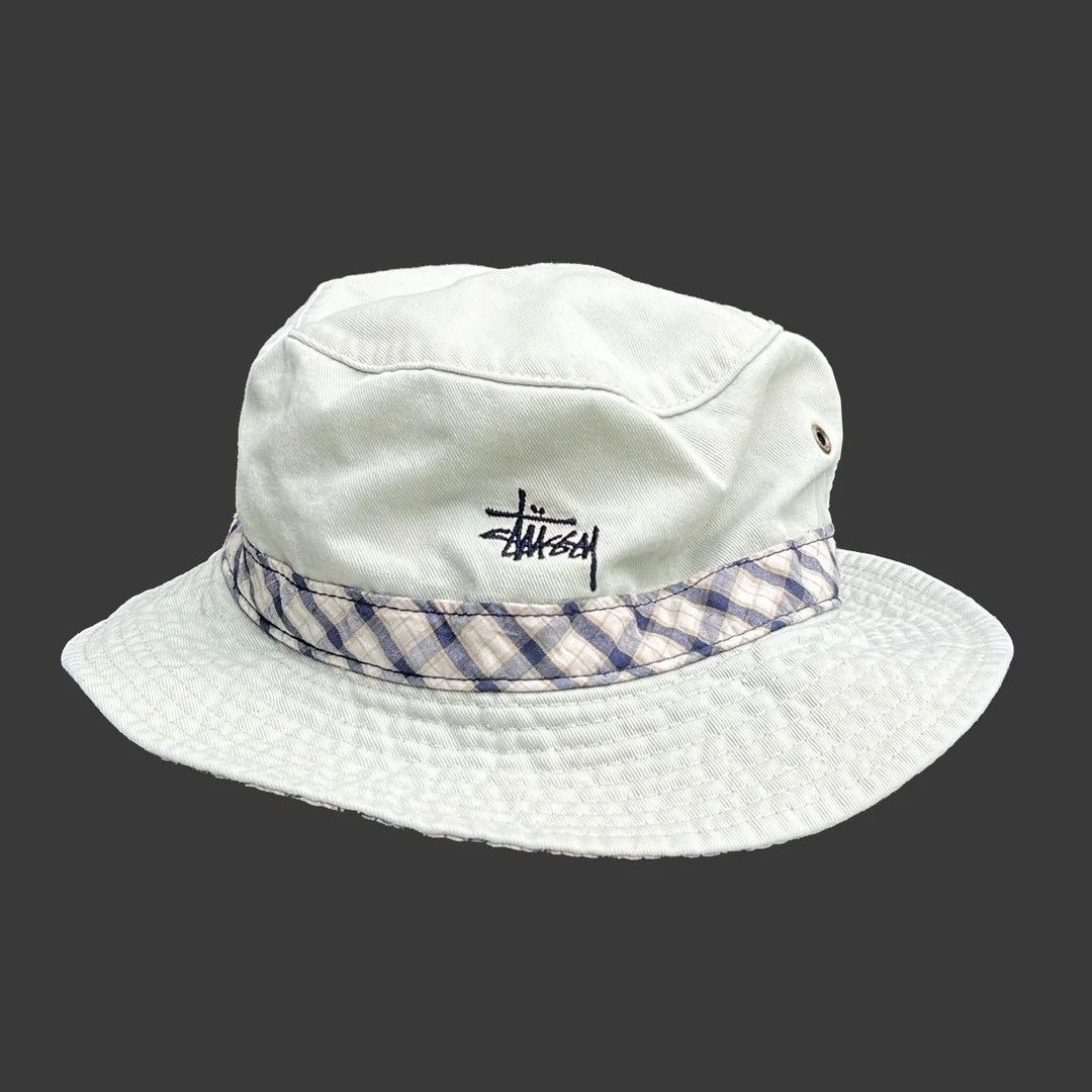 image of Stussy x Vintage Stüssy 1990S Vintage Logo Tartan Bucket Hat in Blue Grey, Men's