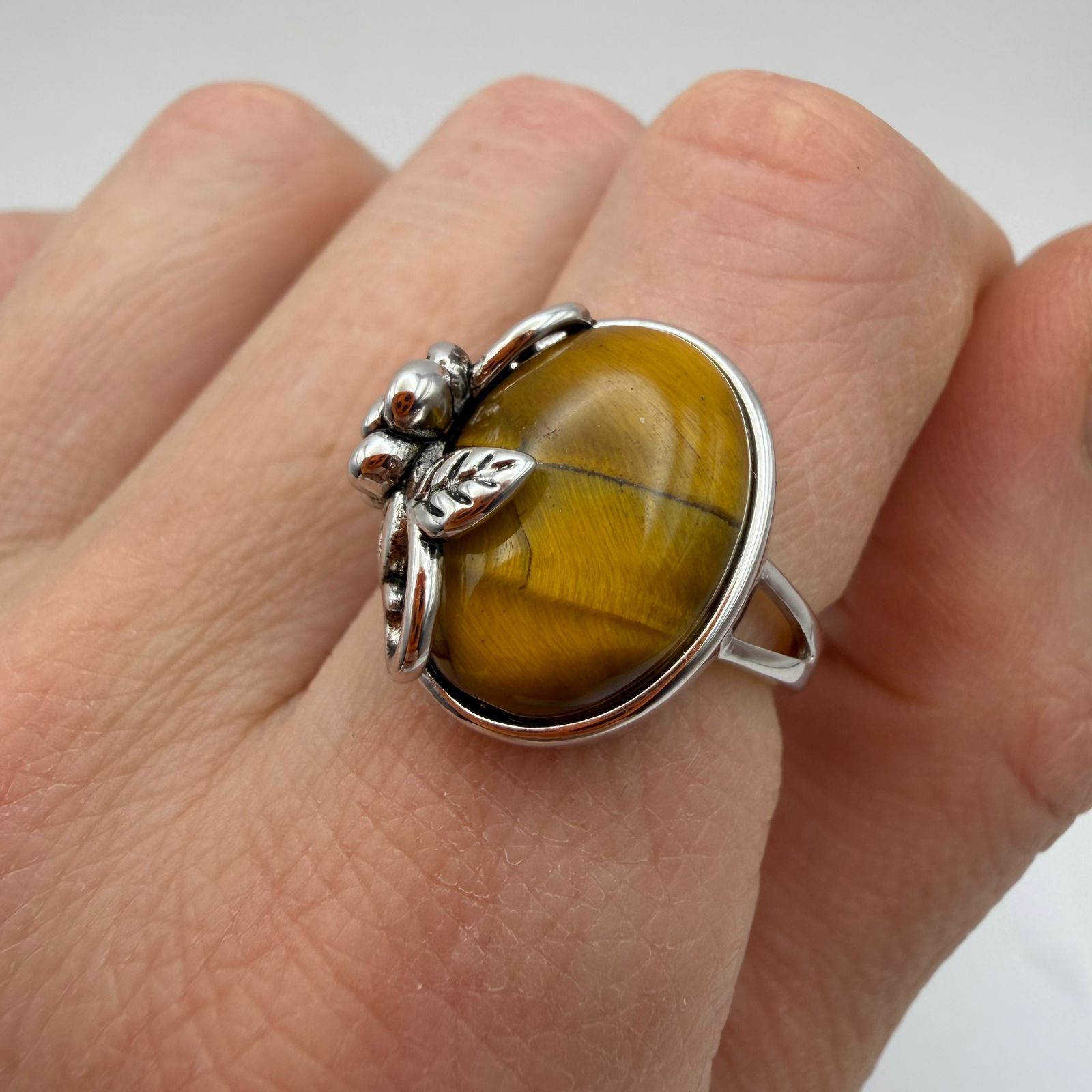 Sterling Silver 925 Silver Tiger Eye Ring Vintage Flower Adjustable Size ONE SIZE - 1 Thumbnail