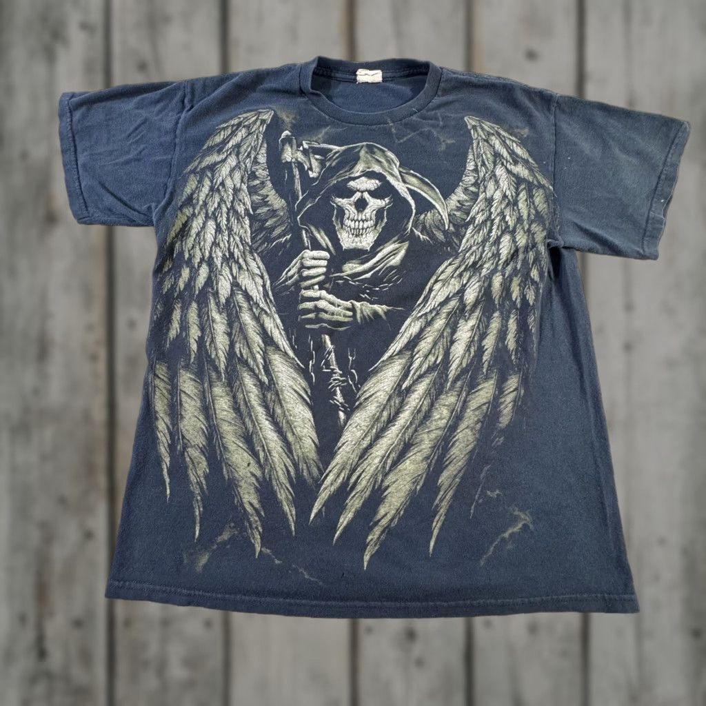 Gildan VINTAGE Gildan T-Shirt Men's Large Black Gothic Halloween Skeleton Grim Reaper Graphic 90s Size US L / EU 52-54 / 3 - 1 Thumbnail
