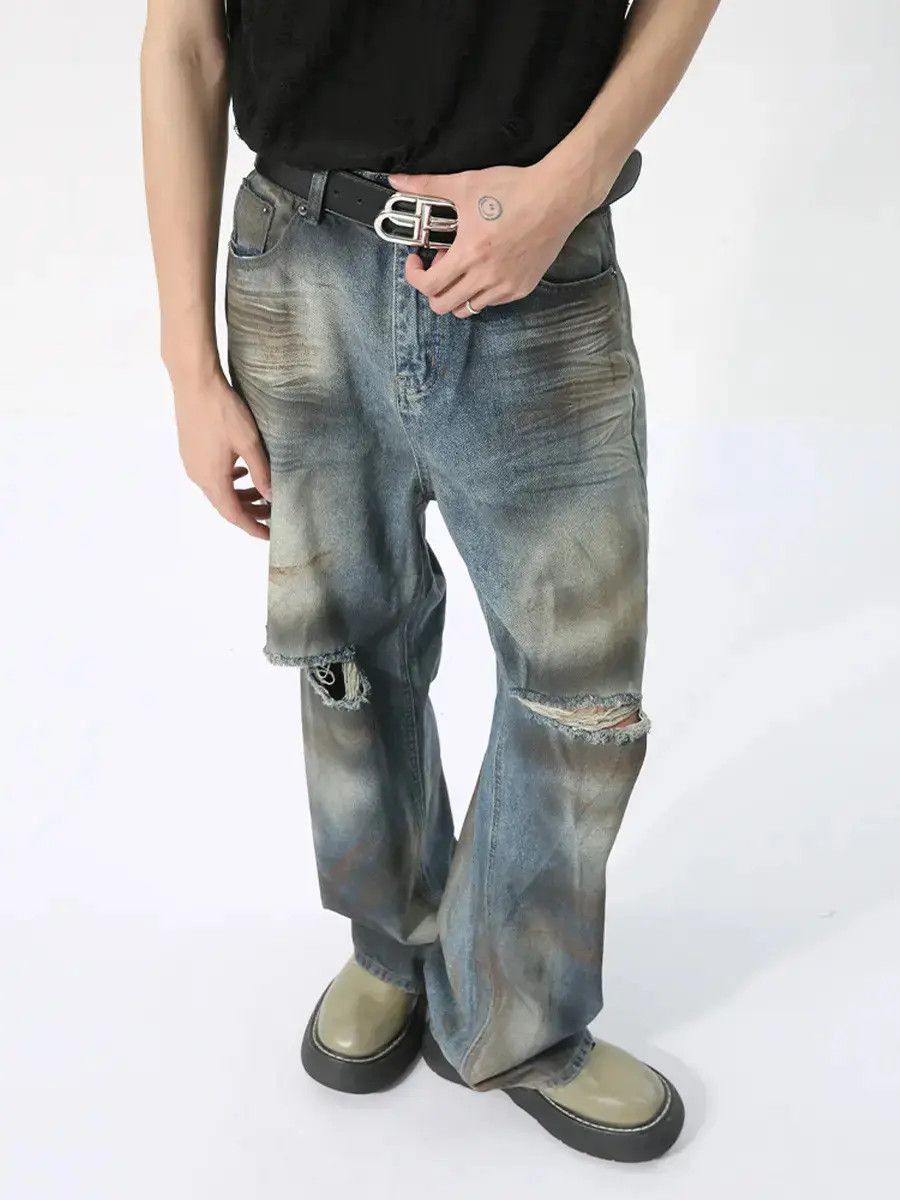 Japanese Brand Retro loose straight leg ripped jeans Size US 32 / EU 48 - 2 Thumbnail