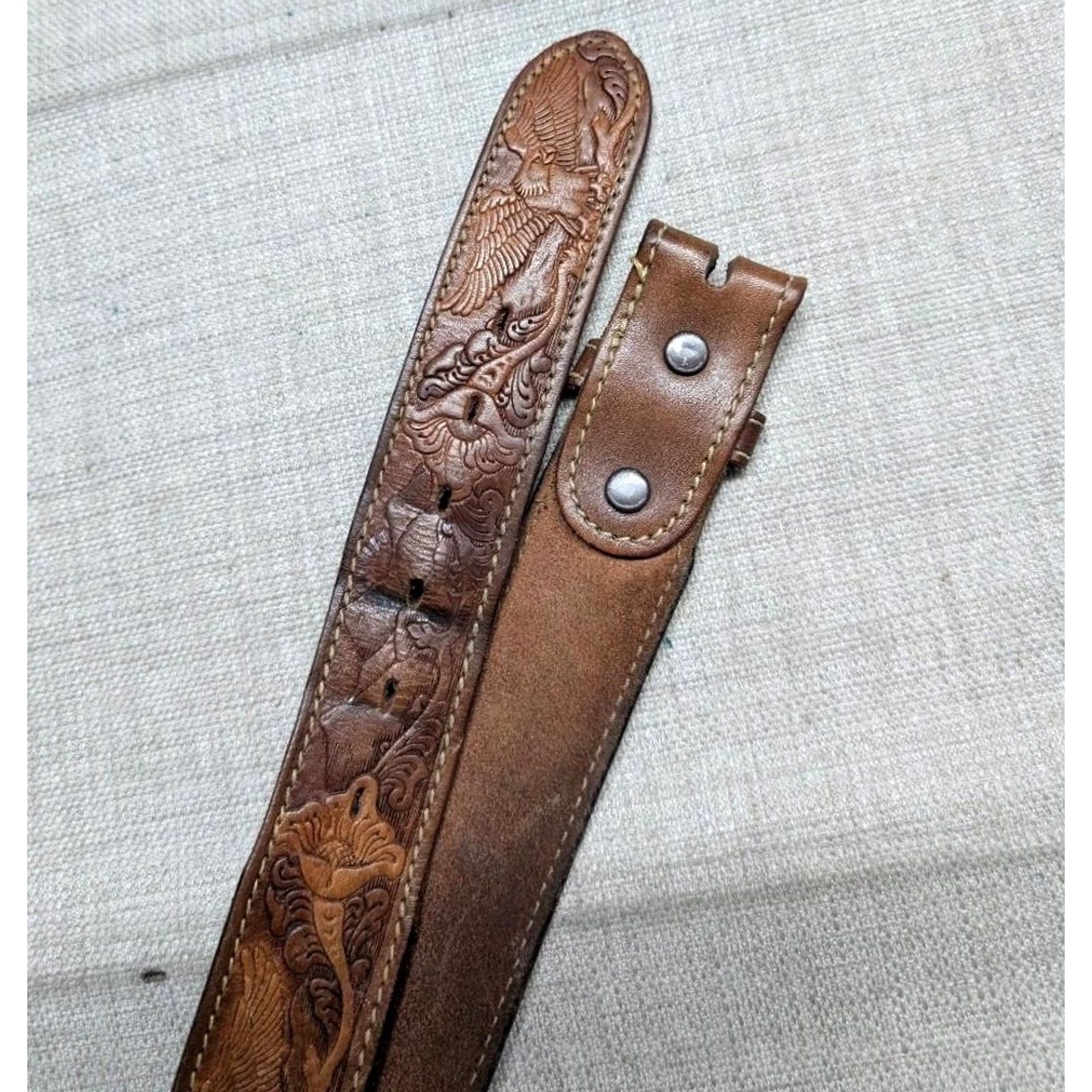 Vintage VINTAGE Chambers Western Belt Belt 38 brown Eagle cowhide leather floral Buckle Western Mens Size 38 - 4 Thumbnail