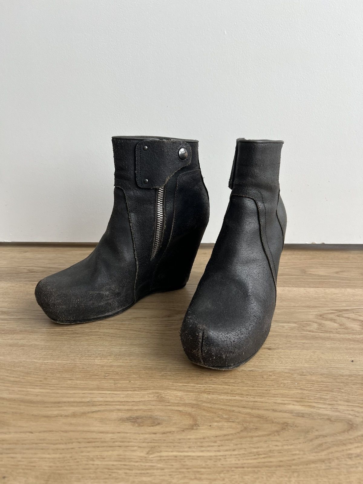 Rick Owens Distressed Leather Wedge Heel Shoes in Black, Women's (Size 8)