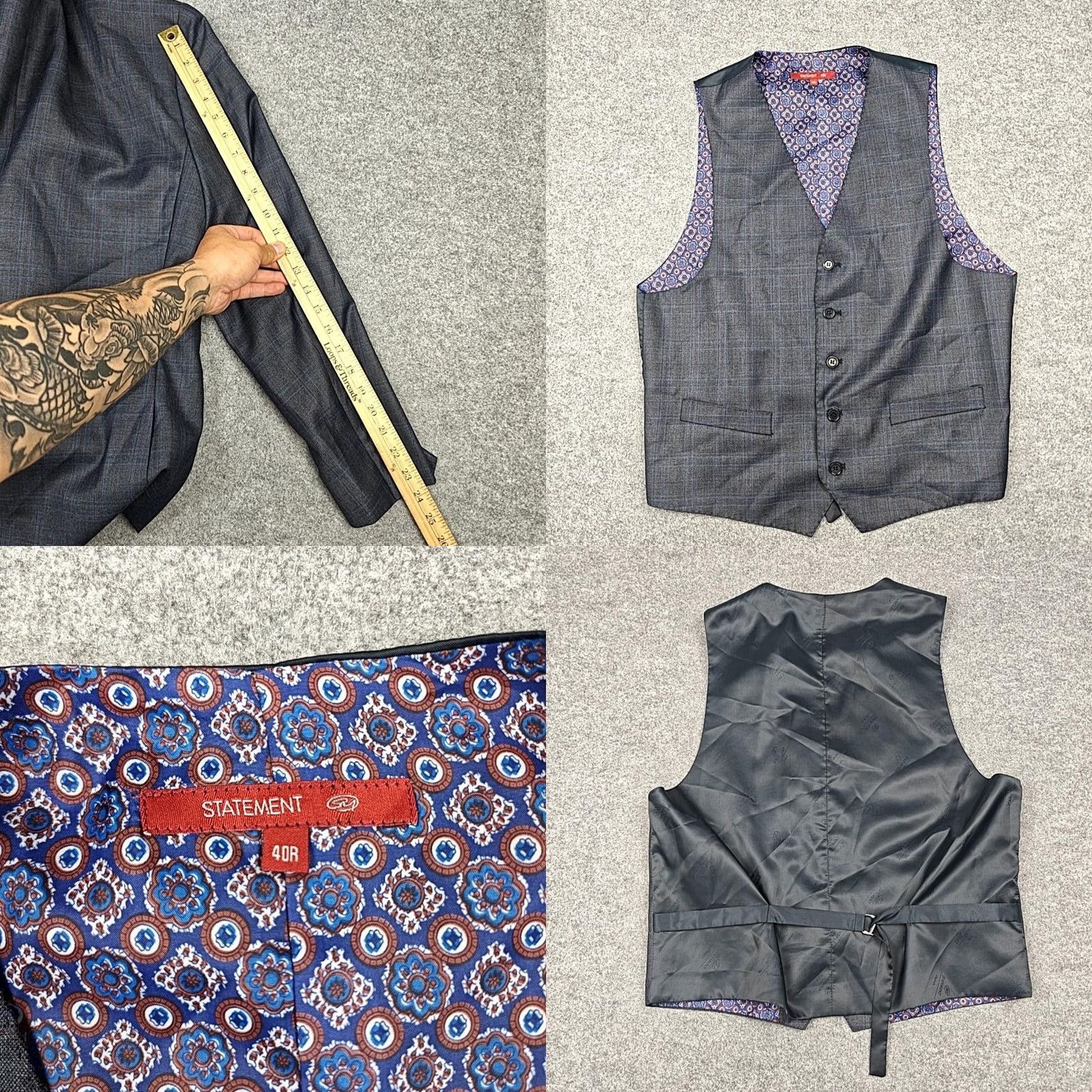 Vintage Statement Suit Vest Mens 40R Gray Plaid Wool Cashmere 2 Piece Slim Fit Size US XXS / EU 40 - 9 Thumbnail