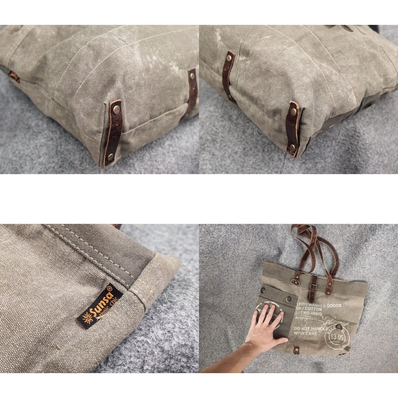 Vintage Myra India Design Vintage Leather & Canvas Tote Shoulder Bag Medium Beige Women Handbag 90s Army Art Brand Myra Mens Womens Girls Size ONE SIZE - 8 Thumbnail