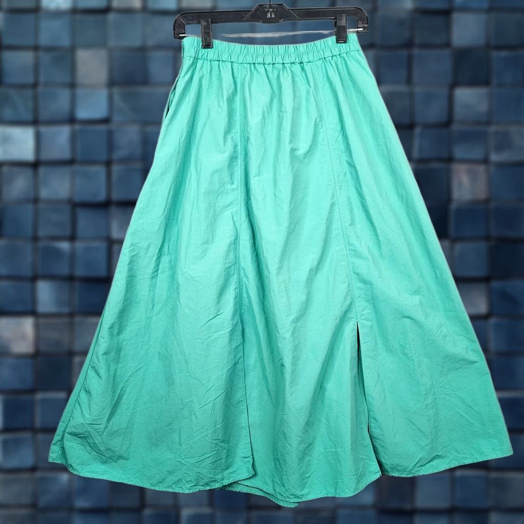 Vintage BAYFLOW Women's Nylon Blend Teal Blue Midi Length Pull on Split front Skirt Sz 3 Size 26" / US 2 / IT 38 - 1 Thumbnail