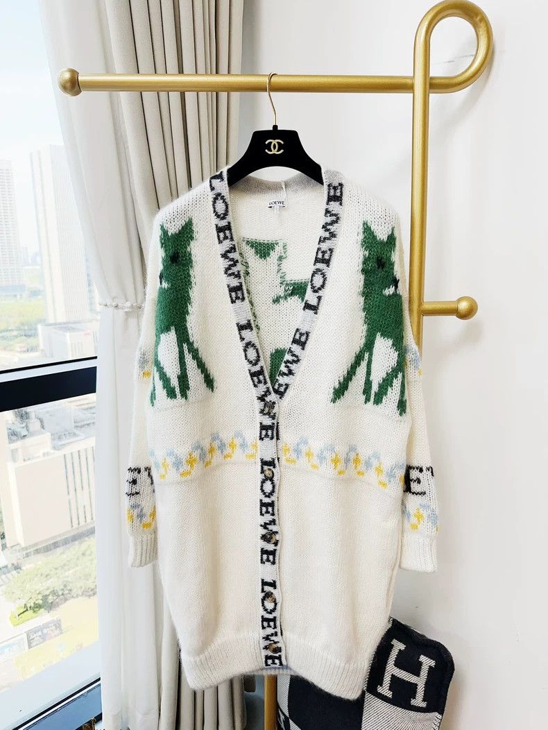 Loewe Green deer pattern long sleeve horsehair sweater
