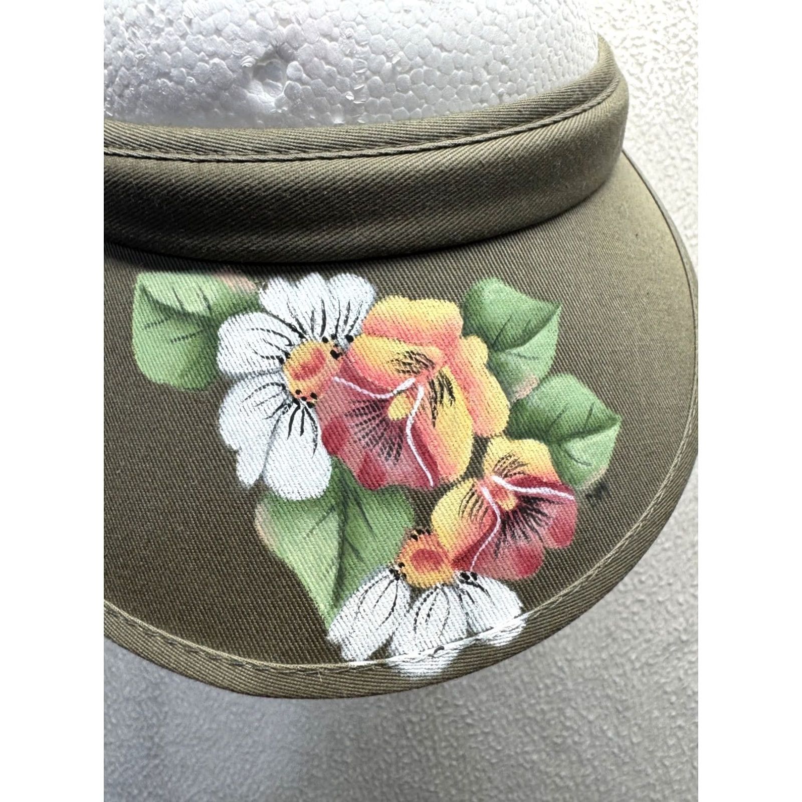 Olive Olive Green Sun Visor Floral Hand-Painted Adjustable Fit Womens One Size Visor Summer Casual Pattern: Floral Size ONE SIZE - 5 Thumbnail