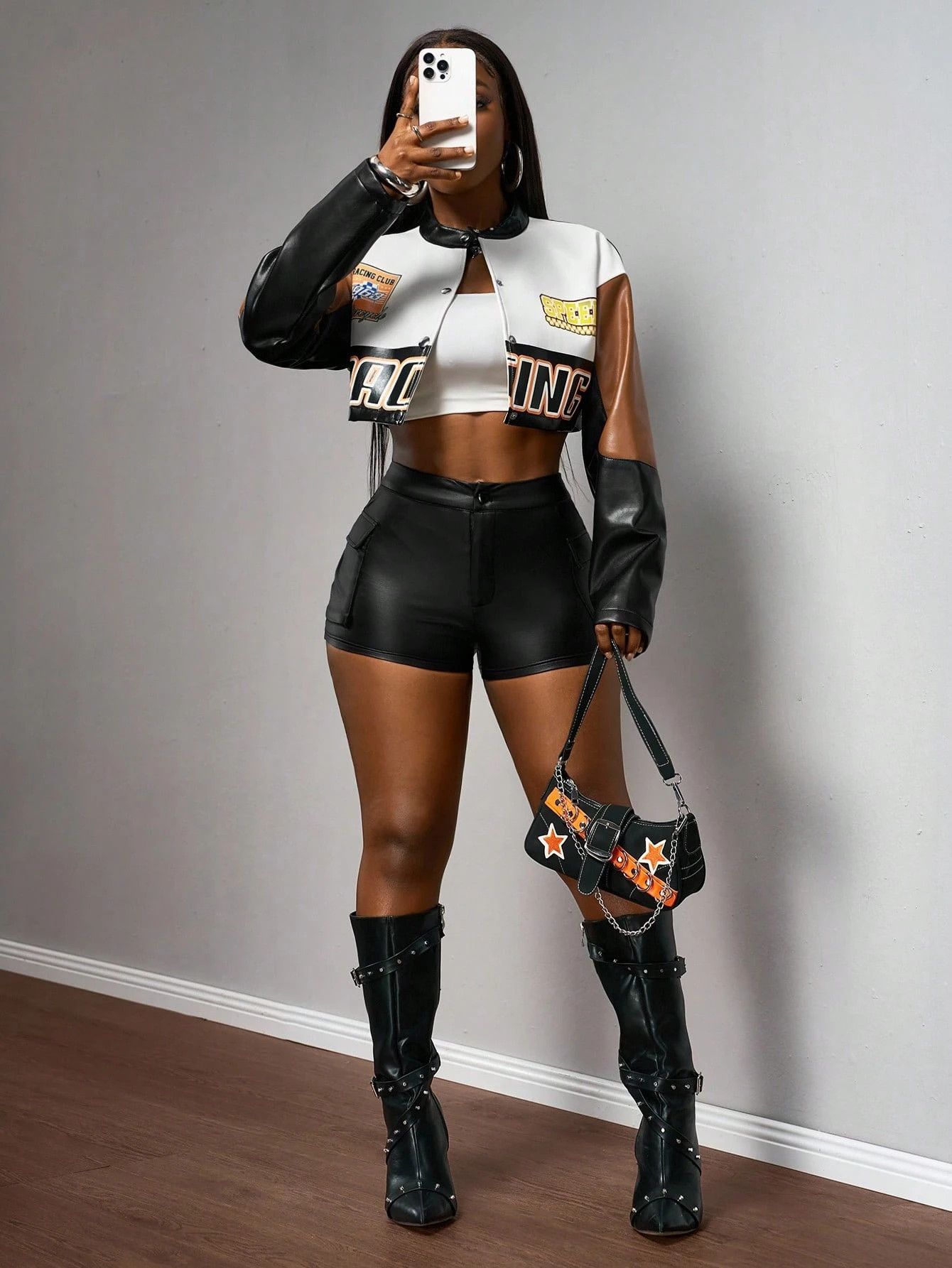 Other Women’s Cropped Racing Black White Brown Biker Jacket Size M / US 6-8 / IT 42-44 - 3 Thumbnail