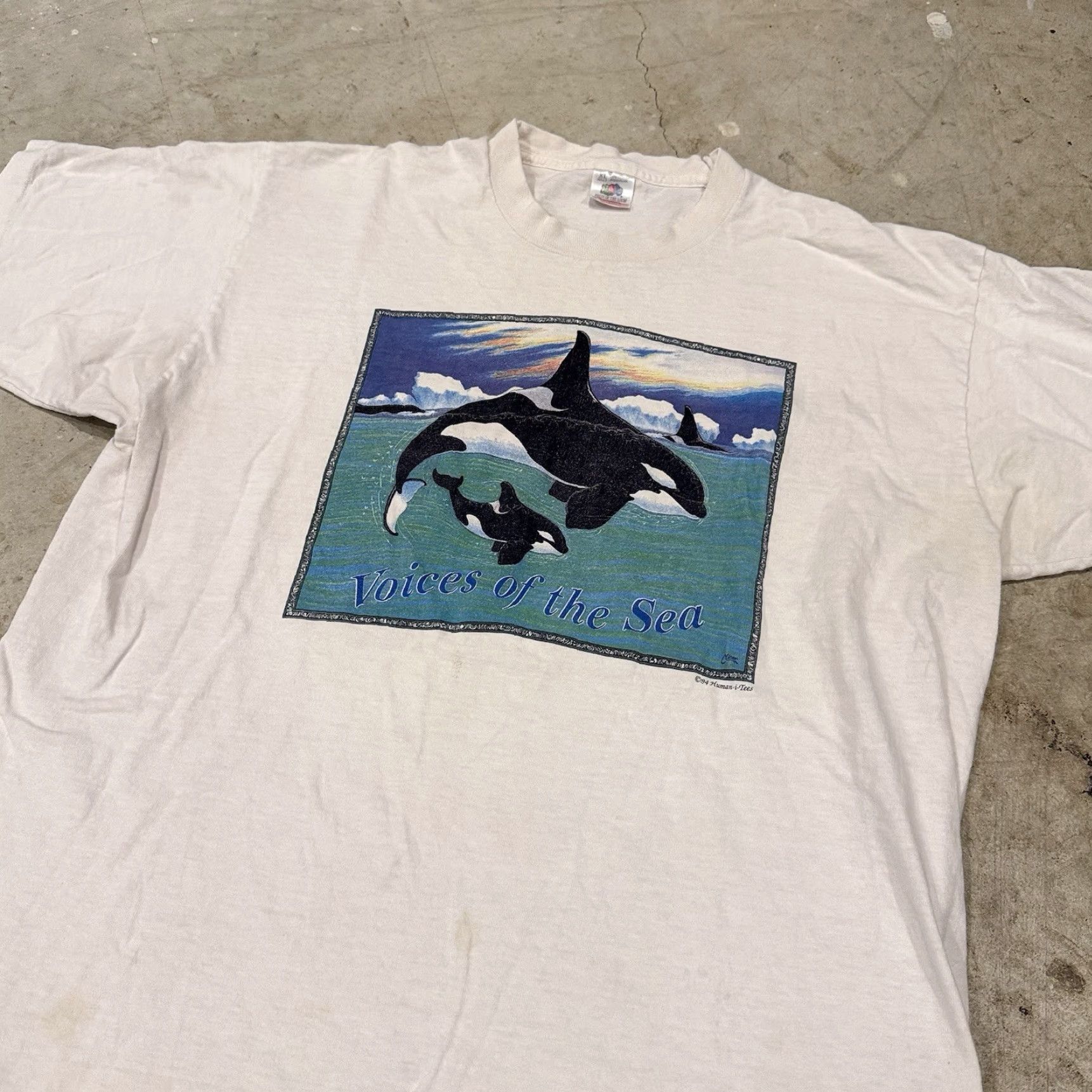Fruit Of The Loom VINTAGE Voices of the Sea Shirt Mens XL White Orca Whale Graphic Ocean 90s ST AINS Size US XL / EU 56 / 4 - 2 Thumbnail