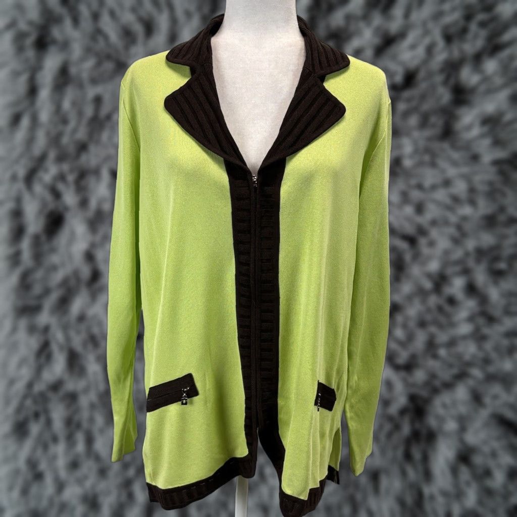 Vintage Exclusively Misook Women's Large Green Ribbed V-Neck Cardigan Acrylic Knit Size L / US 10 / IT 46 - 1 Thumbnail