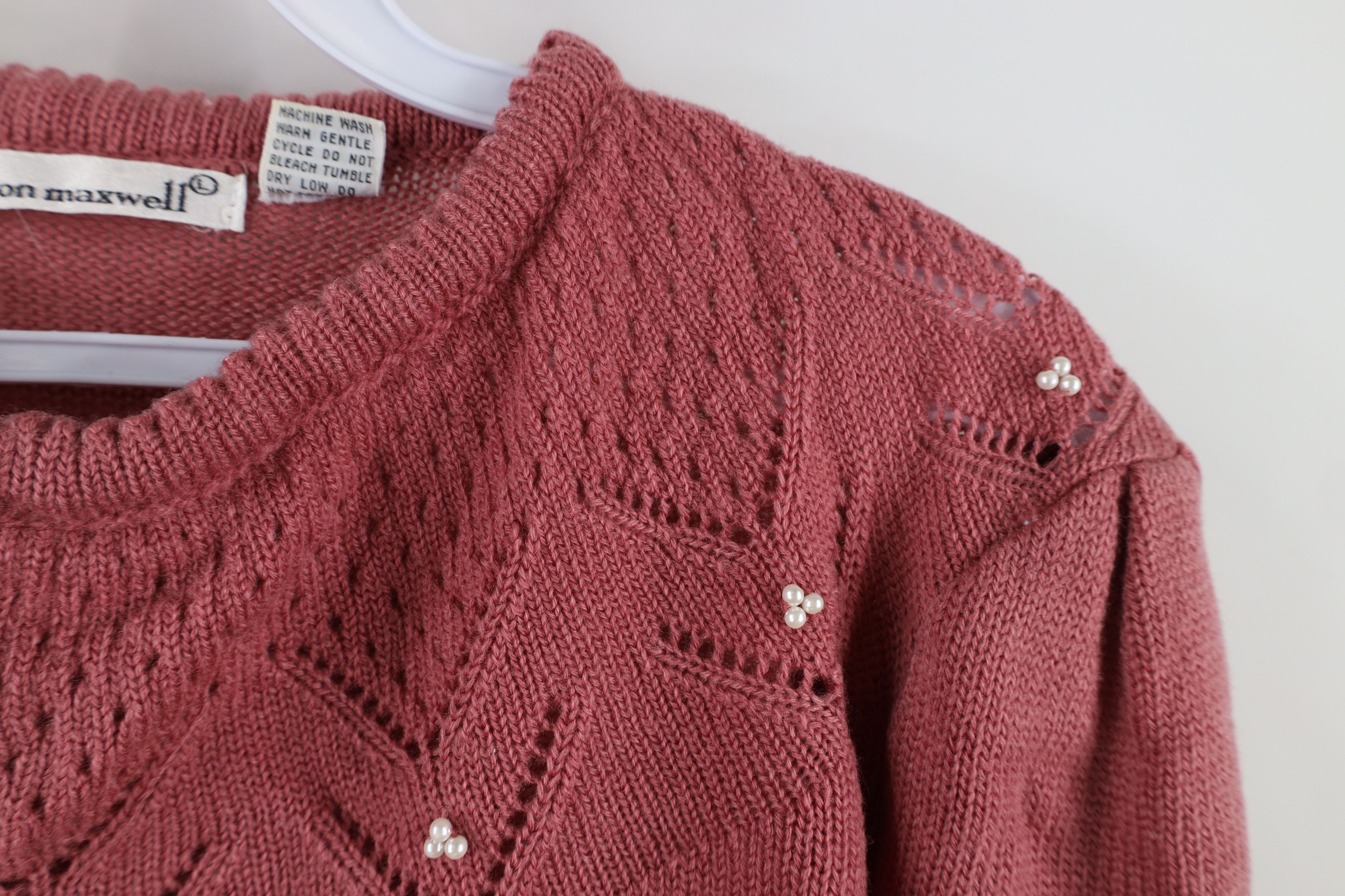 Vintage Vintage 80s 90s Mid Mod Puff Sleeve Beaded Knit Sweater Pink Size L / US 10 / IT 46 - 6 Thumbnail