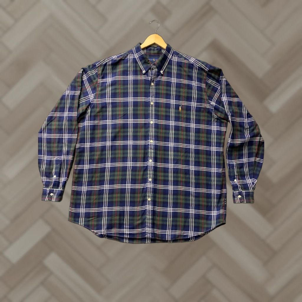 Polo Ralph Lauren Button-Down Shirt Mens XXLT 2XLT Classic Green Long Sleeve Embroidered Pony Logo Plaid Cotton Casual All Seasons