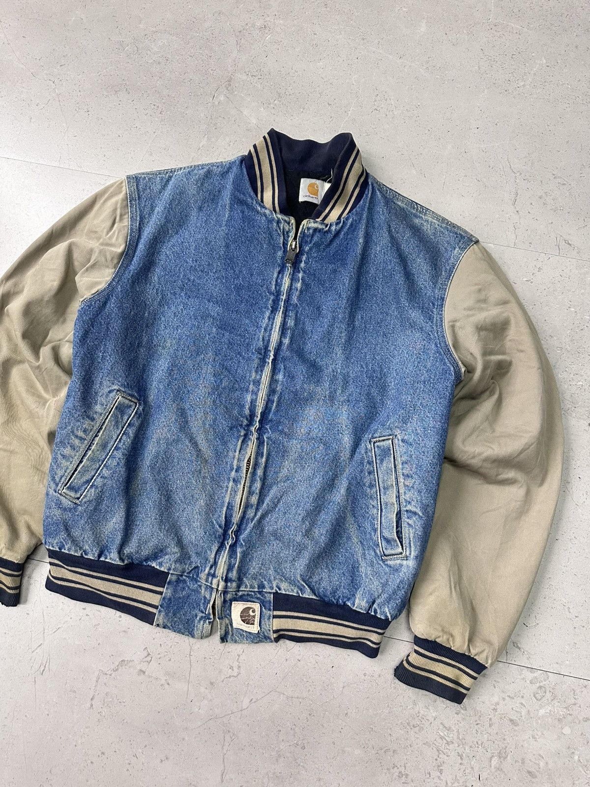 Carhartt × Vintage RARE 90s CARHARTT DENIM VARSITY JACKET Size US L / EU 52-54 / 3 - 9 Thumbnail