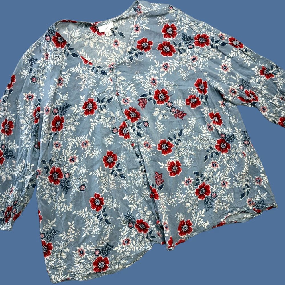 J. Jill J. Jill Blouse Women's 3X Blue Floral Rayon Button Front Scoop Neck 3/4 Sleeve Casual Top Size XXL / US 16-18 / IT 52-54 - 1 Thumbnail