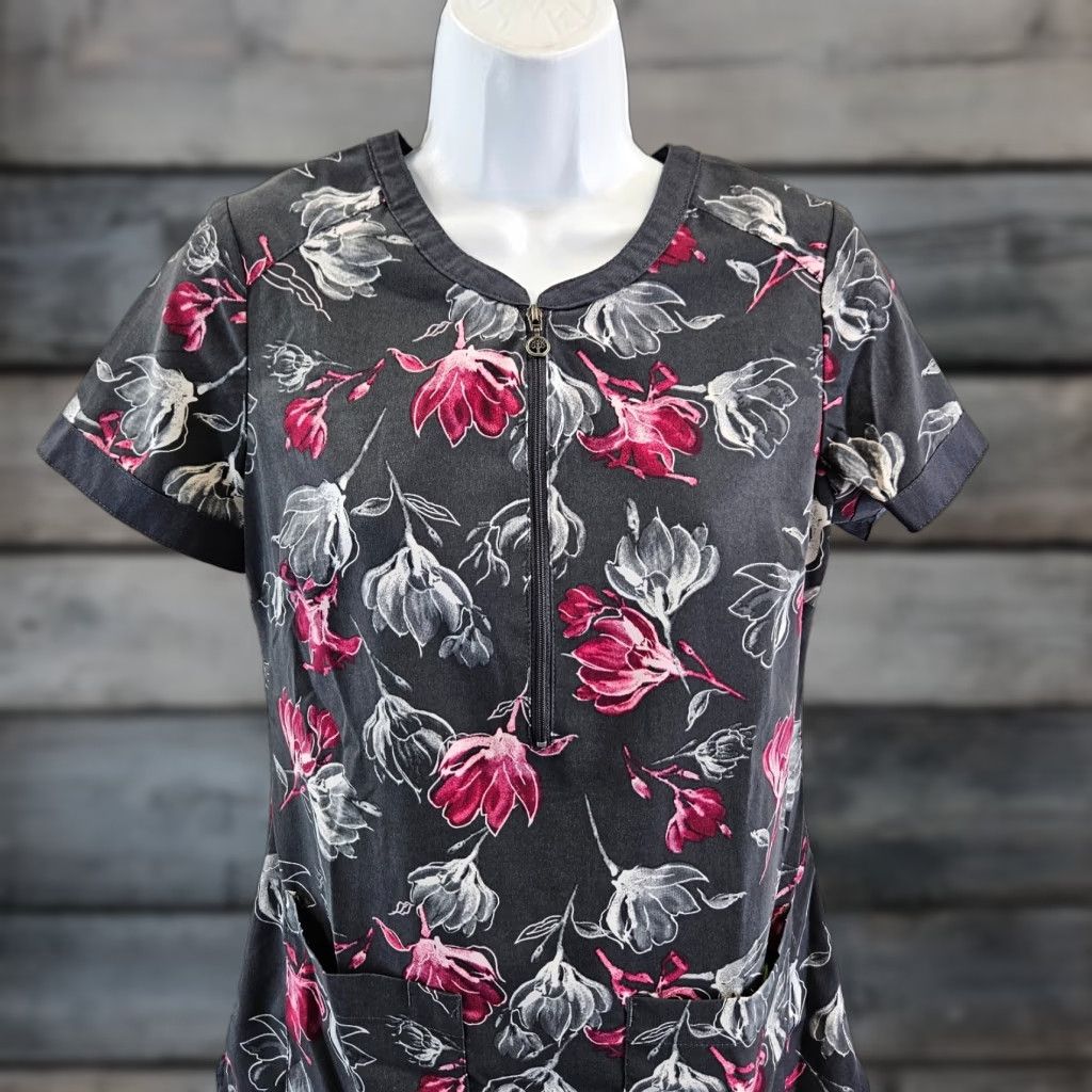 Pinko Healing Hands Premire Womens Scrub Top XS Gray Pink Floral Short Sleeve Shirt Womens XS Floral Scrub Top Size XS / US 0-2 / IT 36-38 - 1 Thumbnail