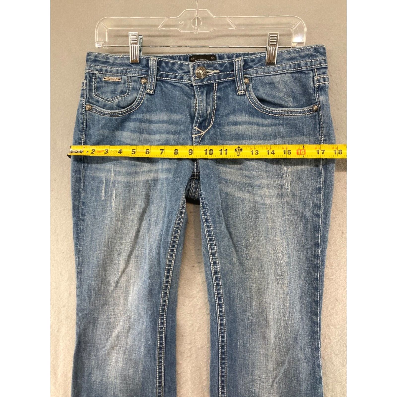 Express Express Bootcut Jeans Womens 32 Low Rise Distressed Thick Stitch Blue Cotton Blend Size 24" / US 00 / IT 34 - 3 Thumbnail