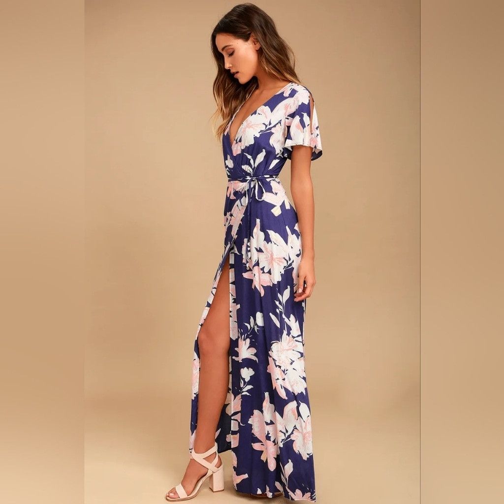 Lulus NWT Lulu's Azalea Regalia Navy Blue Floral Wrap Maxi Dress Size S / US 4 / IT 40 - 4 Thumbnail