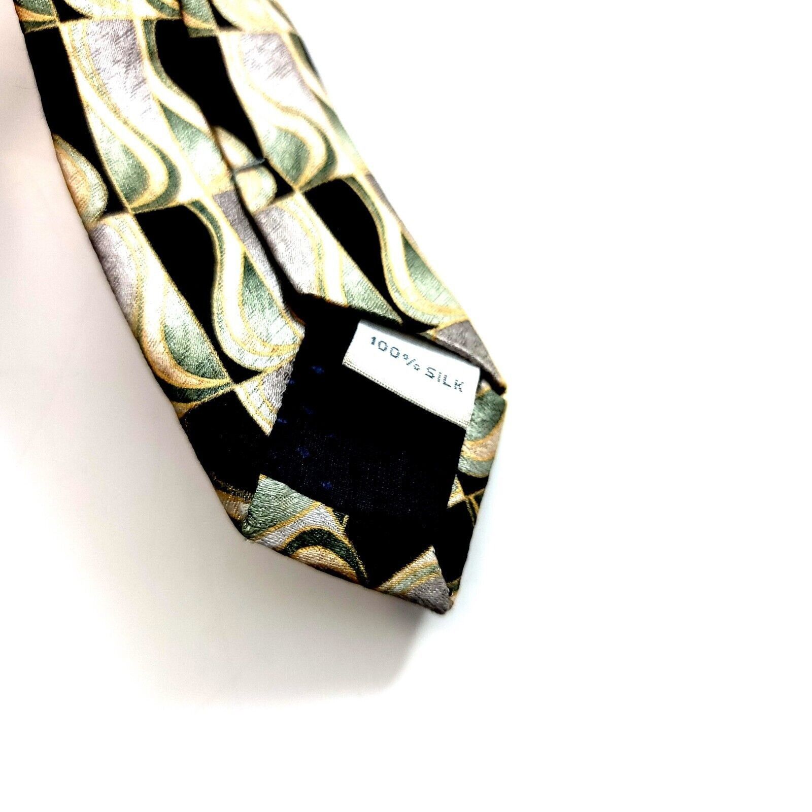Designer Unbranded Black Tan Green Abstract Print Geometric Wide Silk Size ONE SIZE - 3 Thumbnail