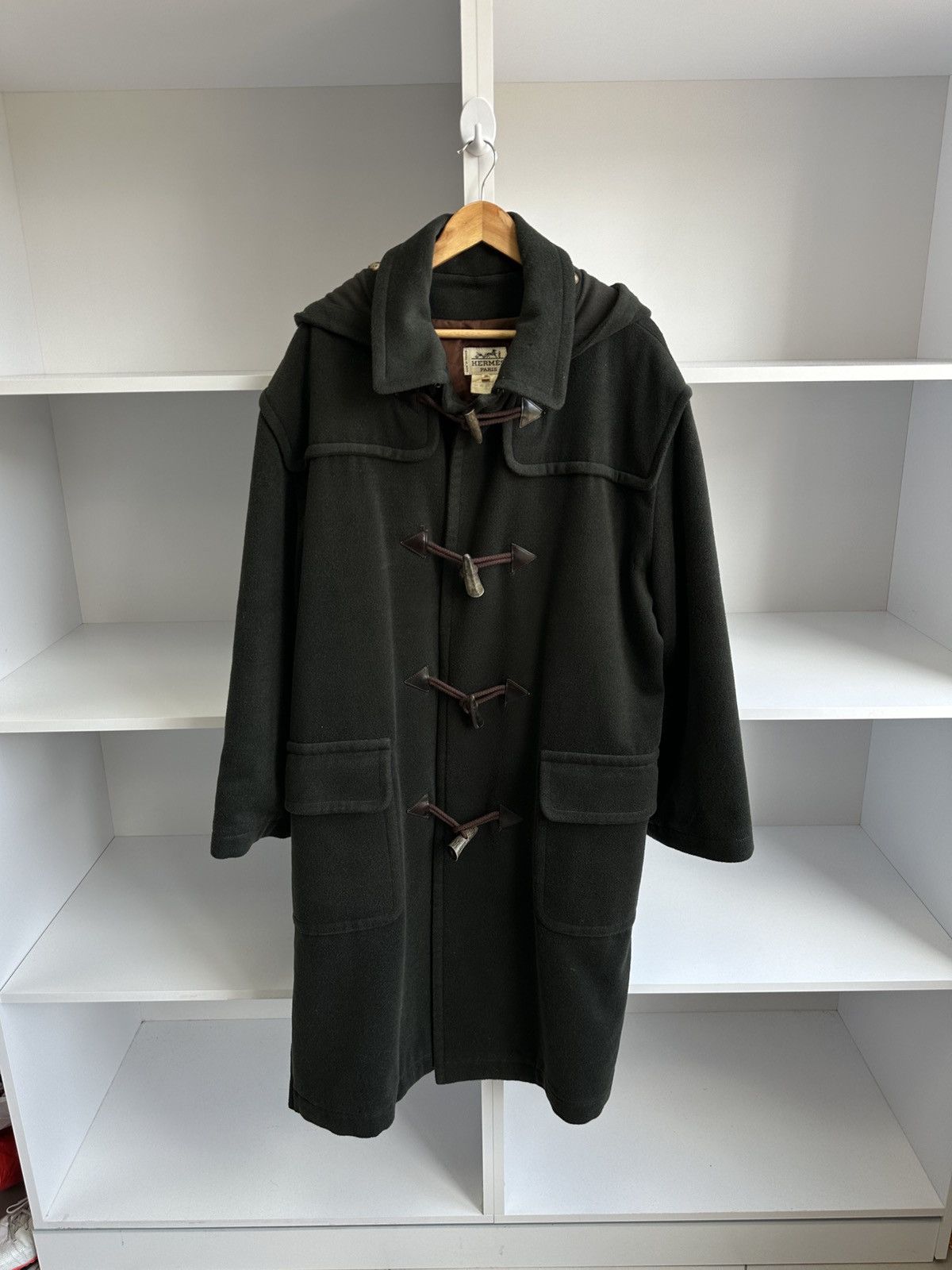 90's] Old Hermès Paris Dark Brown Polyamide Duffle Coat Size.54
