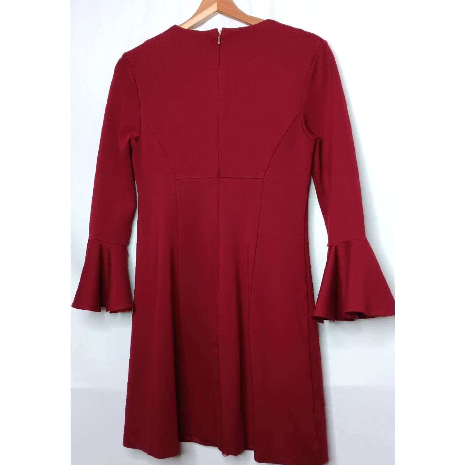 Trina Turk VINTAGE Trina Turk Dress Sheath Maroon Bell Sleeve Peplum Zipper Knee Length Women's Size 6, 33.5" Shoulder to Hem, Office/Party Event Size M / US 6-8 / IT 42-44 - 2 Thumbnail