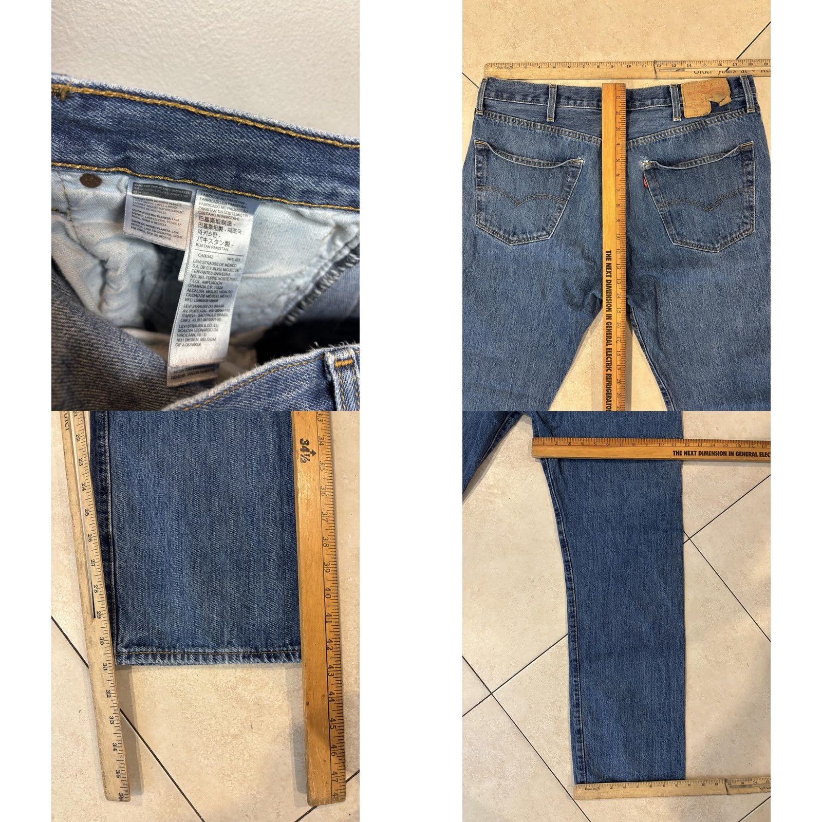 Levi's Levis 501 Jeans Mens 34x30 Blue Denim Button Fly Red Tab Distressed Vintage Style Straight 5-Pocket Copper Rivets Size US 32 / EU 48 - 8 Thumbnail