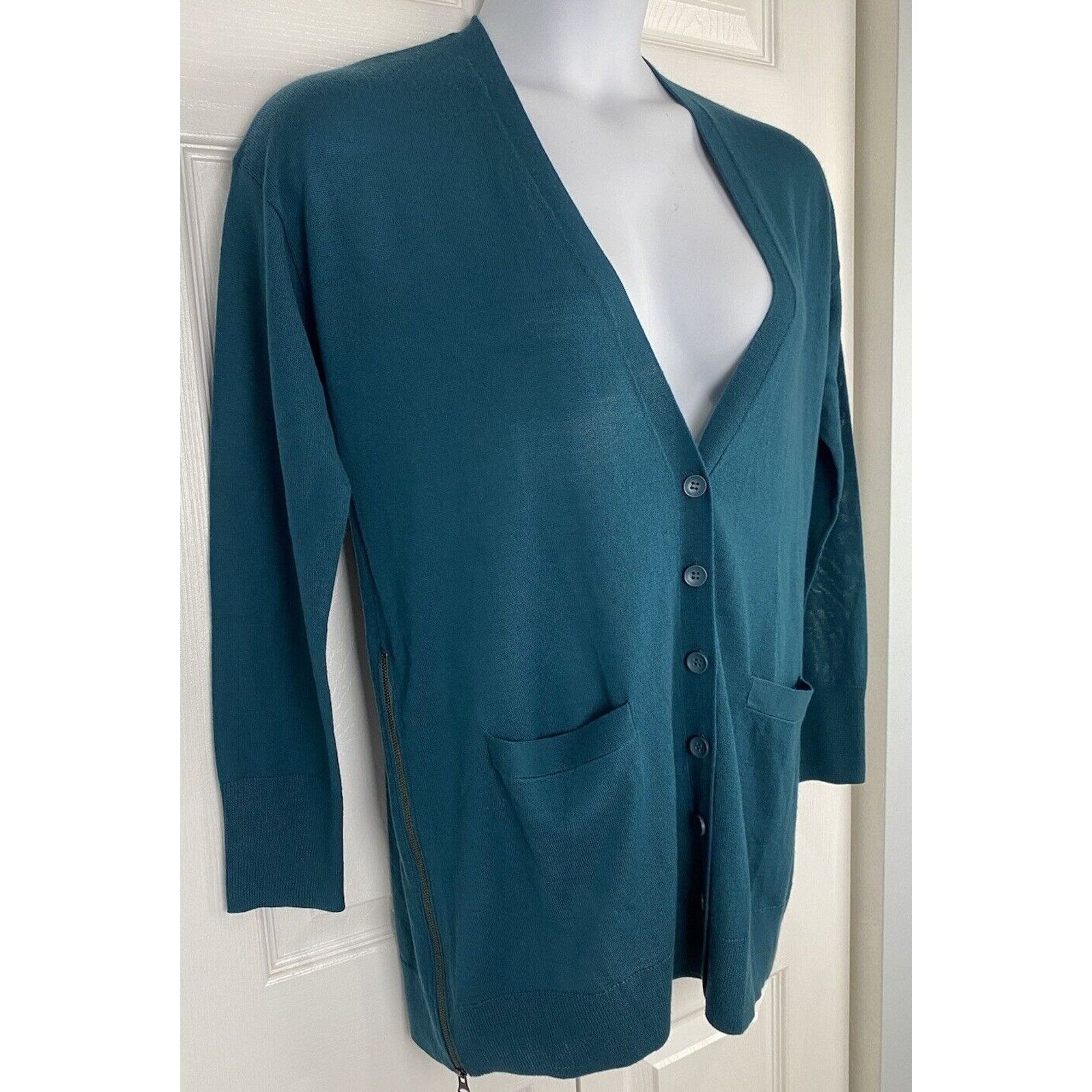 Nordstrom NWT Halogen Nordstrom Merino Wool V-Neck Cardigan Teal Size L / US 10 / IT 46 - 3 Thumbnail