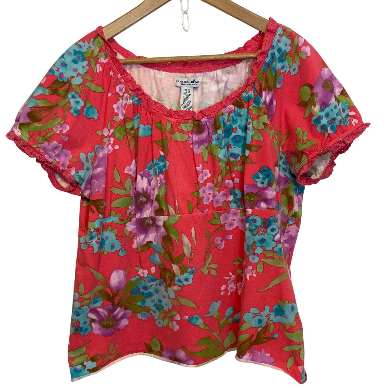 Other Caribbean Joe Pink Blue Floral Short Sleeve Blouse Top Size XL / US 12-14 / IT 48-50 - 1 Thumbnail