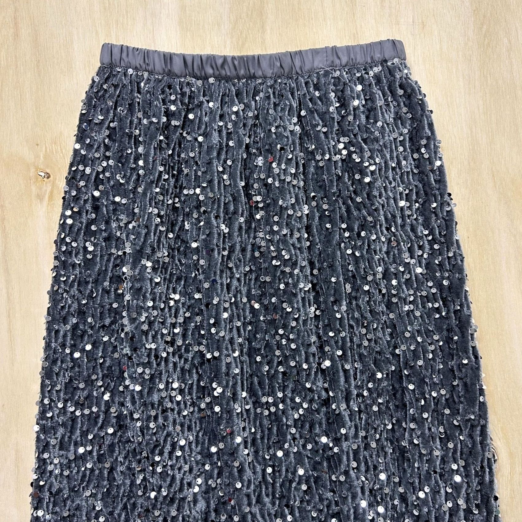 Velvet Gray Sequin Velvet Midi Skirt Womens Large Pencil Elastic Waist Party Cocktail Slit Lined Velvet Soft Size 36" / US 14 / IT 50 - 3 Thumbnail
