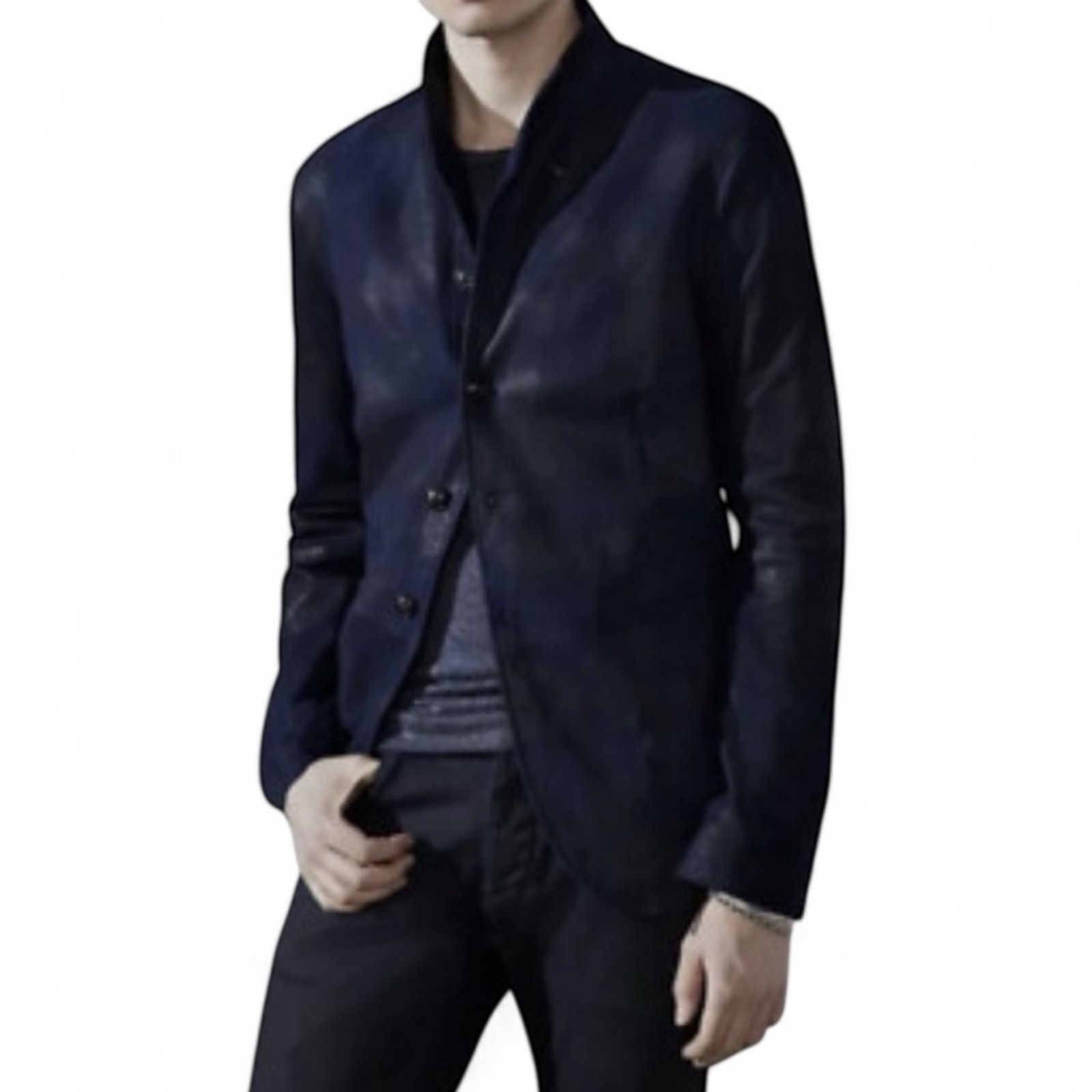 John Varvatos Burnished Suede Jacket size XL Dark Navy Shawl Collar Button Size US L / EU 52-54 / 3 - 17 Thumbnail