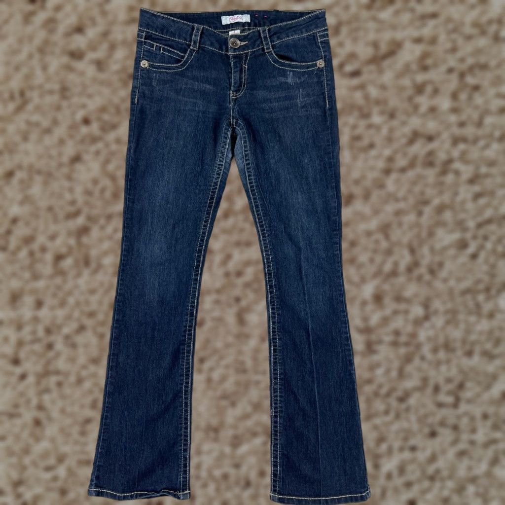 Vintage Candies Jeans Womens 9 Denim Flared Dark Wash 29x30.5 Blue Distressed 5-Pocket Zip Low Rise Regular 30.5in Inseam Vintage? Nolene Size 30" / US 8 / IT 44 - 1 Thumbnail