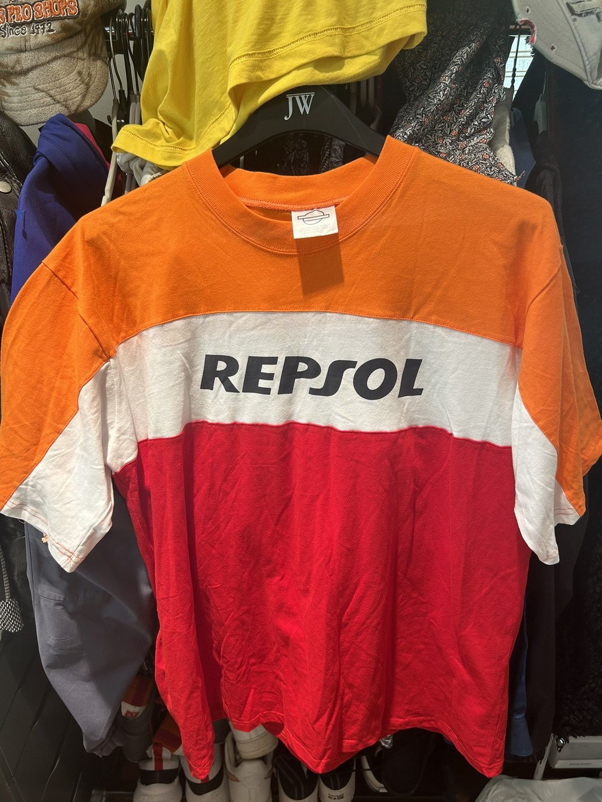 image of Vintage Repsol 2-Sided Multi-Fabric Motorcycle T-Shirt in Orange, Men's (Size Large)