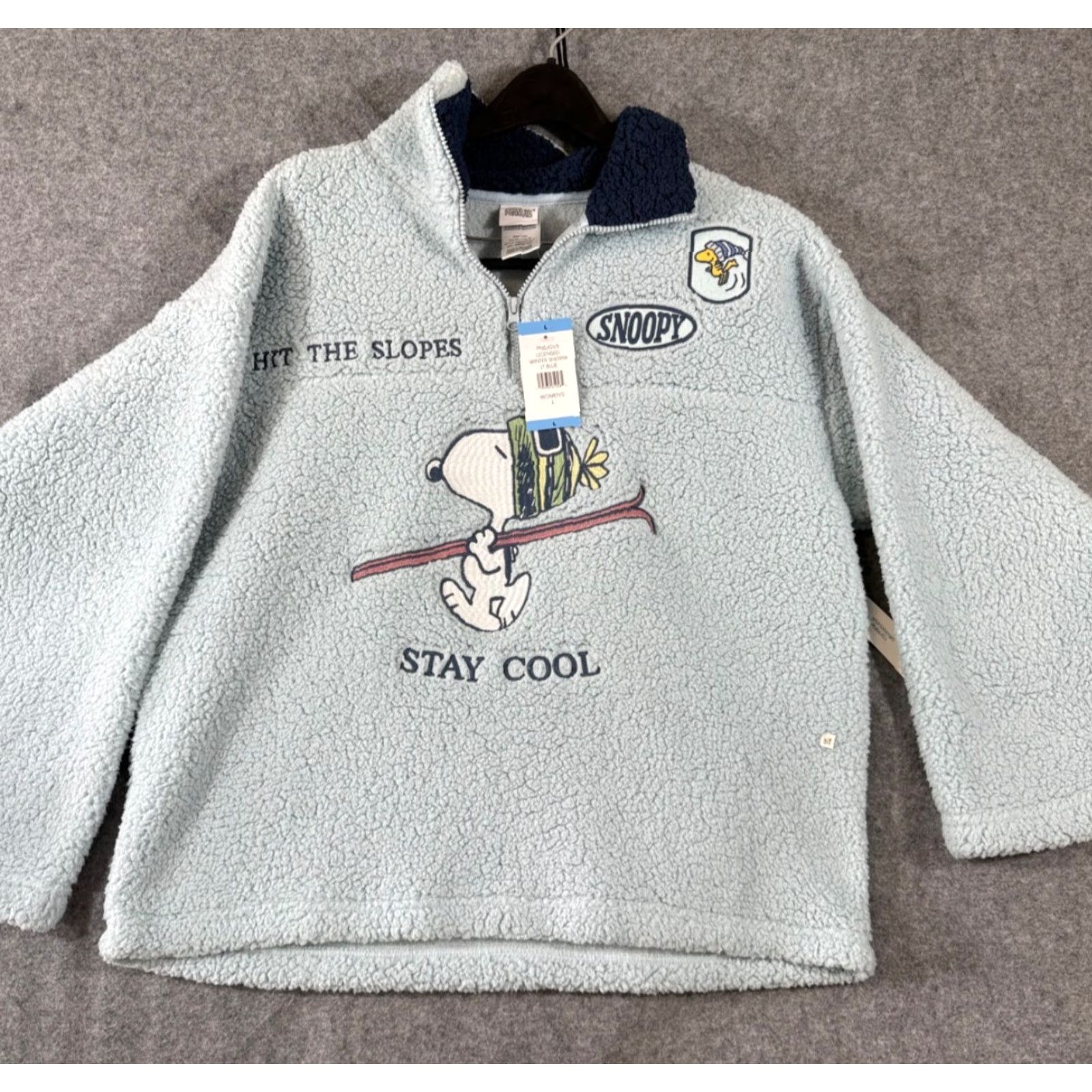 Peanuts VINTAGE Peanuts Snoopy Sweater Women L Light Blue Winter Sherpa Quarter-Zip Pullover NWT Size L / US 10 / IT 46 - 2 Thumbnail
