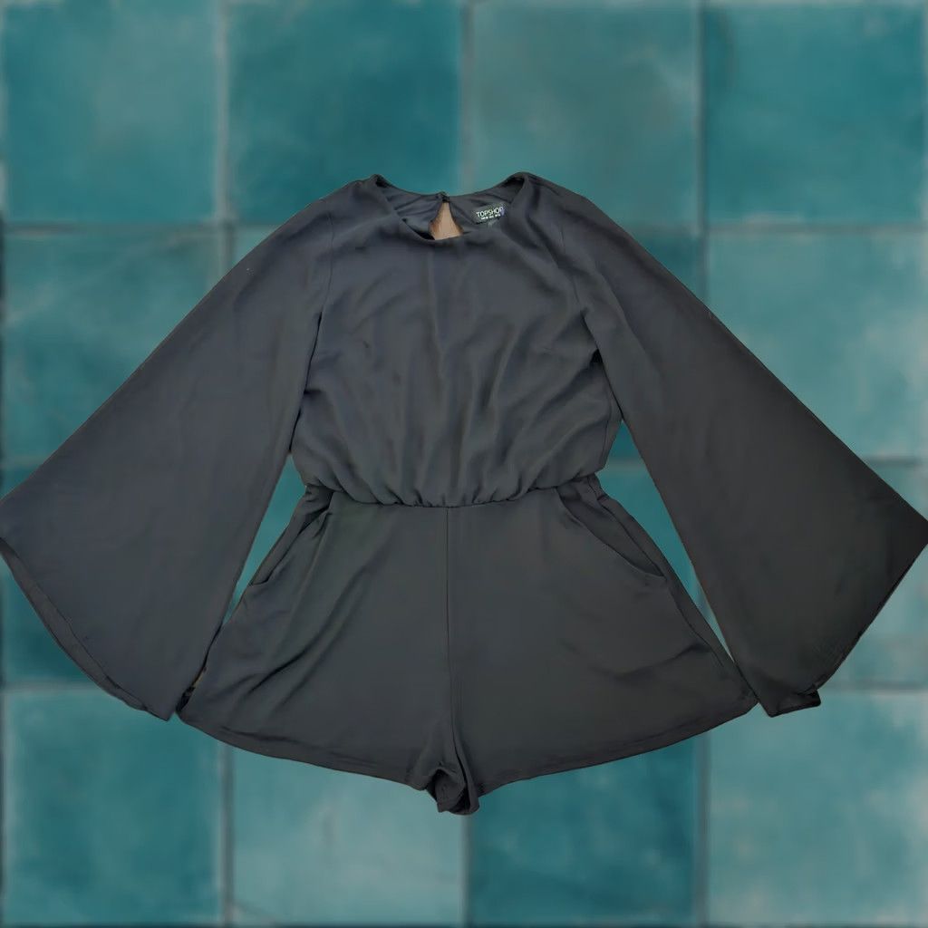 Topshop Topshop Romper Shirt Bell Sleeve Black 6 Womens Regular One-Piece Dressy Romper Size 28" / US 6 / IT 42 - 1 Thumbnail