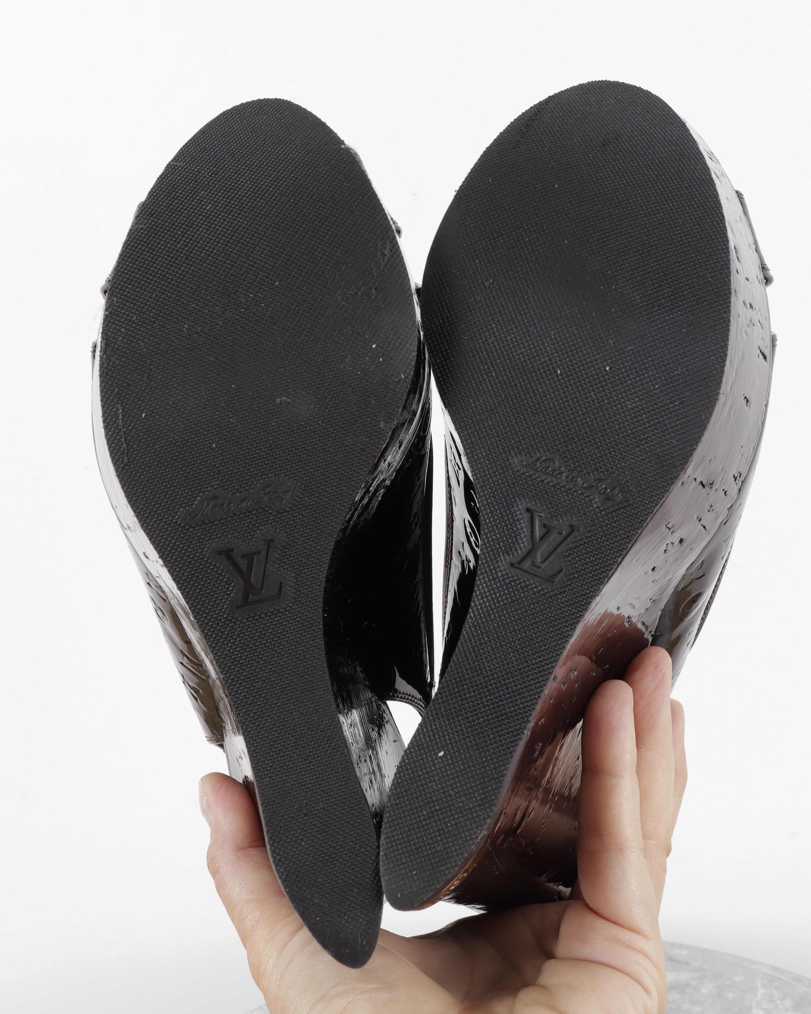 Louis Vuitton Louis Vuitton Monogram Patent Leather Burgundy Wedge Sandals Size US 7.5 / IT 37.5 - 10 Thumbnail