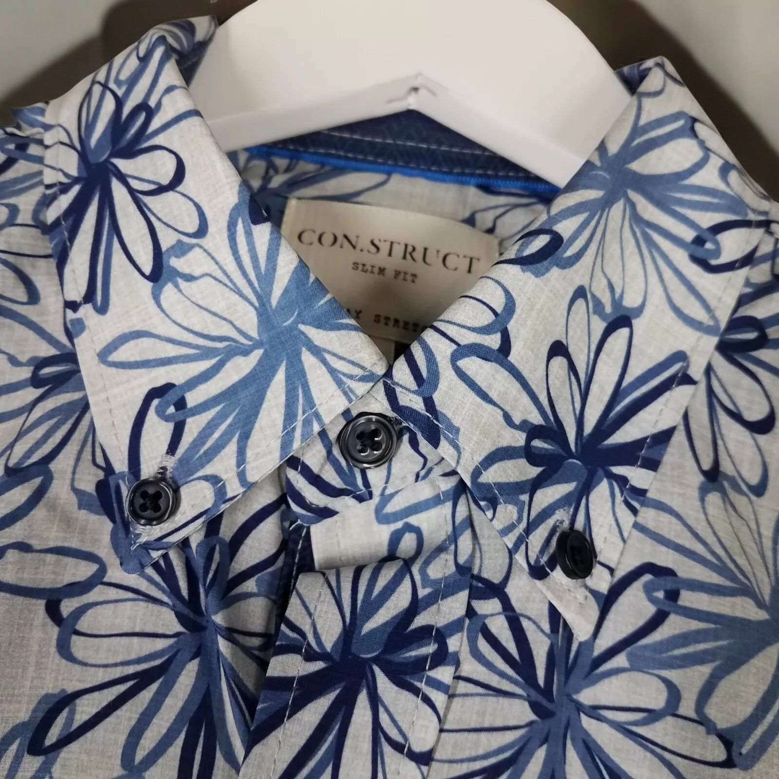 Designer Con.Struct Mens Slim Fit Blue Stretch Floral Shirt Small Size US S / EU 44-46 / 1 - 3 Thumbnail