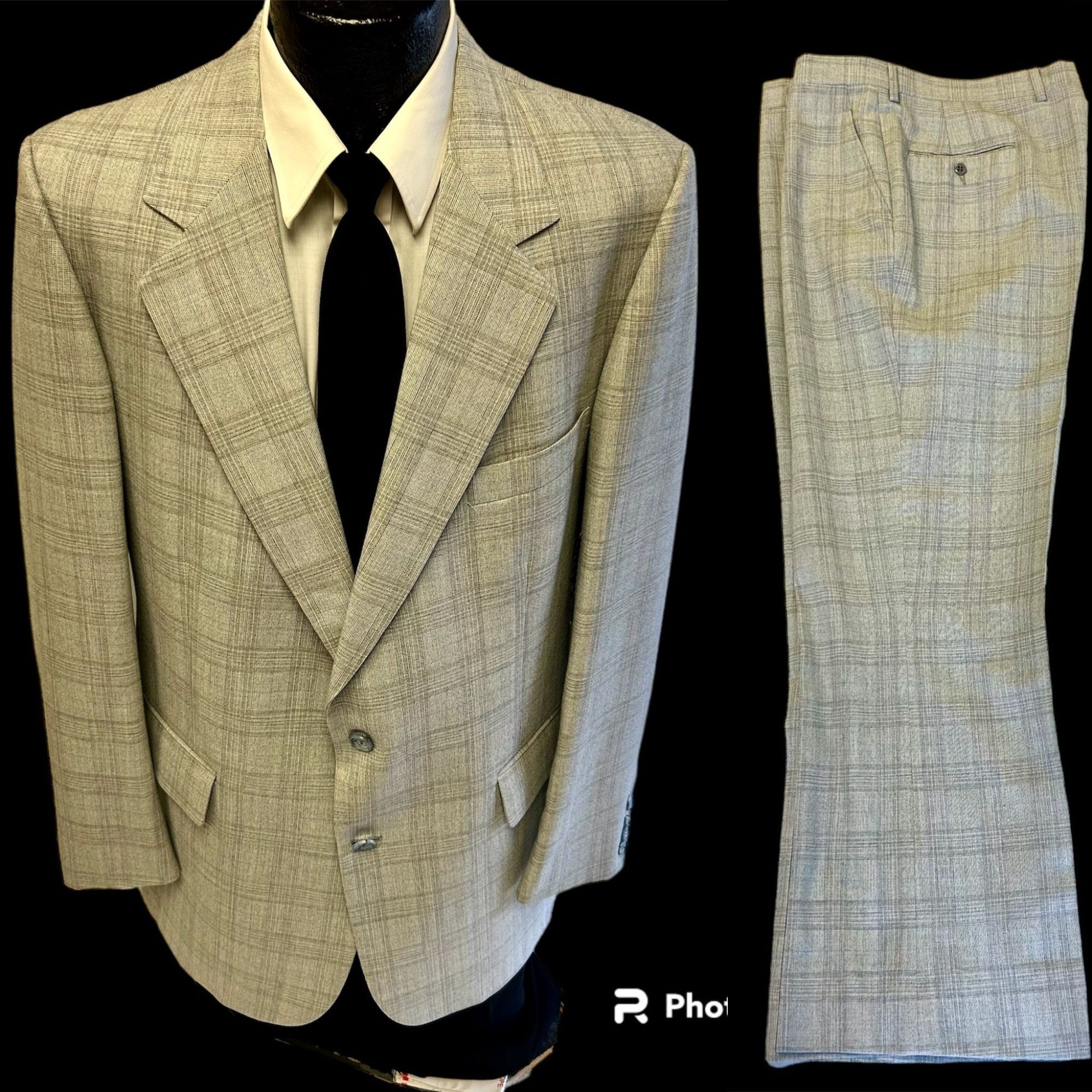 70's House of Pimlico MOD Gray Blue OVERCHECK Wool Suit 42 L