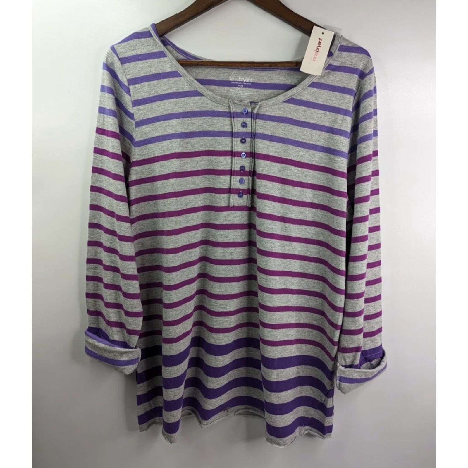Vintage NWT Lane Bryant Blouse 1/4 Button Up Women's 14/16 Purple Grey Stripe Long Sleeve Round Neck Cotton 100% Machine Washable Womens Size XL / US 12-14 / IT 48-50 - 2 Thumbnail