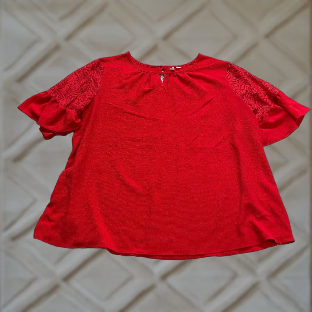 Vintage Cato Blouse Shirt Women 2XL Red Keyhole Neck Bell Sleeve Lace Stretch Casual Top Size XXL / US 16-18 / IT 52-54 - 1 Thumbnail