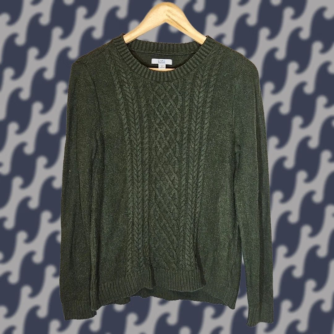 Croft & Barrow Croft & Barrow Pullover Sweater Green Long Sleeve Women’s Petite PL Cable-Knit, Cotton-Acrylic, Regular Fit Size L / US 10 / IT 46 - 1 Thumbnail