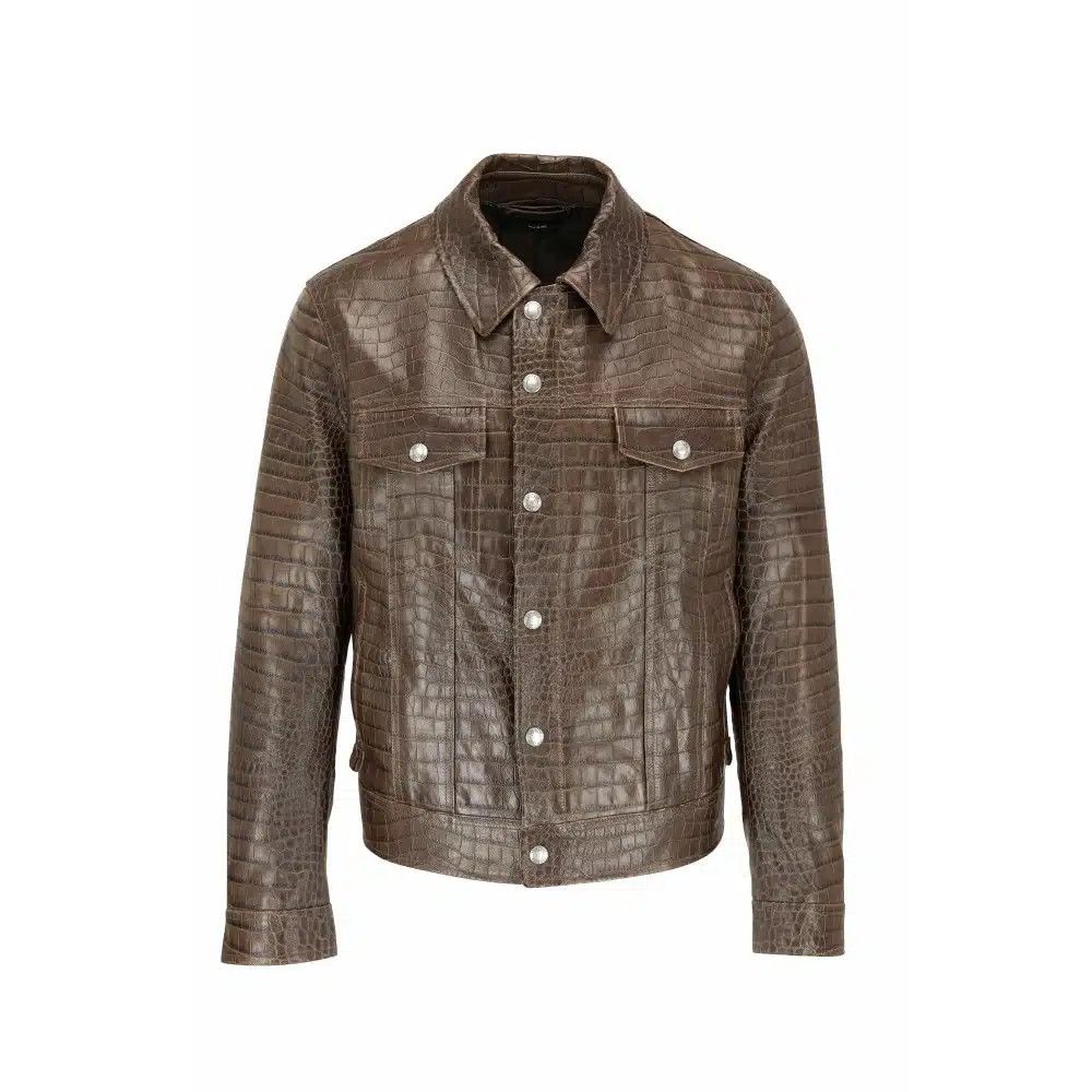 Tom Ford o1loc1c1024 TFL754 Croc Effect Leather Trucker Jacket Brown Size US L / EU 52-54 / 3 - 1 Thumbnail
