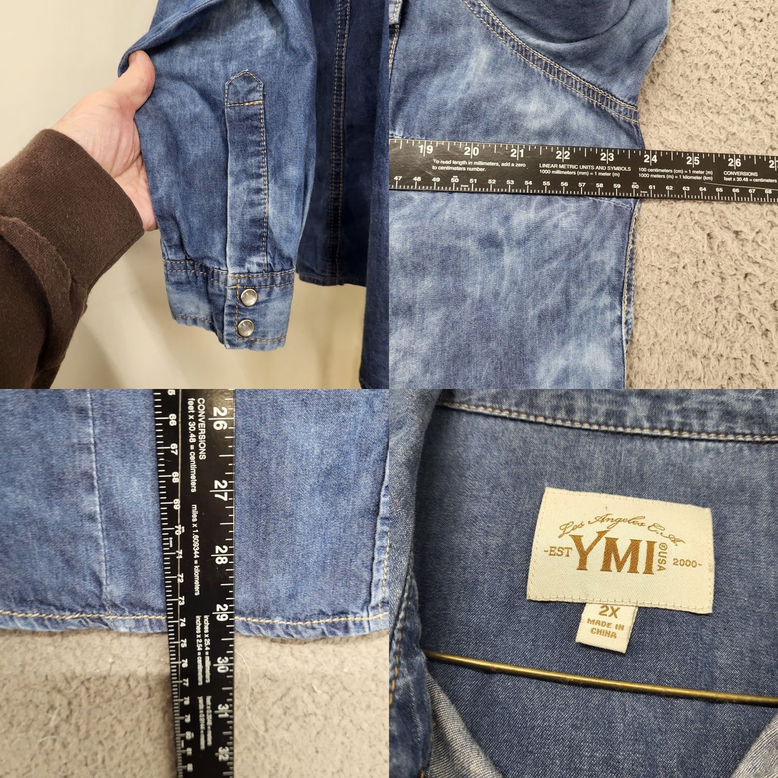 Vintage YMI Jean Shirt Women's 2X Blue Top 100% Cotton Snap Long Sleeve Distressed Blouse Shirt Men? Wait. No extra text. Size XXL / US 16-18 / IT 52-54 - 8 Thumbnail