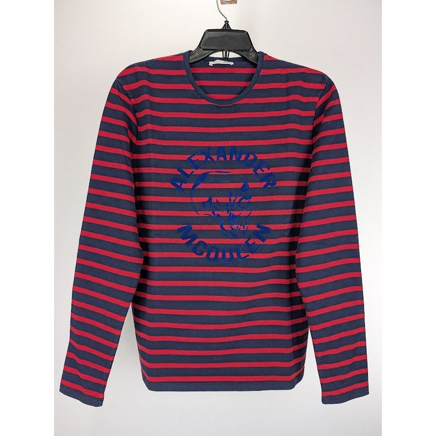 Alexander McQueen o1rshd1 Stripe Long Sleeve Velvet Skull Logo T-Shirt Size US S / EU 44-46 / 1 - 2 Thumbnail