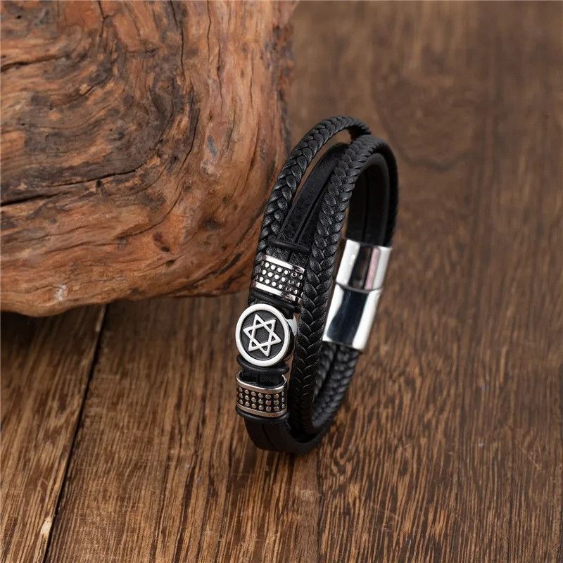 Other Hexagram Star of David Leather Bracelet Cuff Gift For Him Size ONE SIZE - 3 Thumbnail