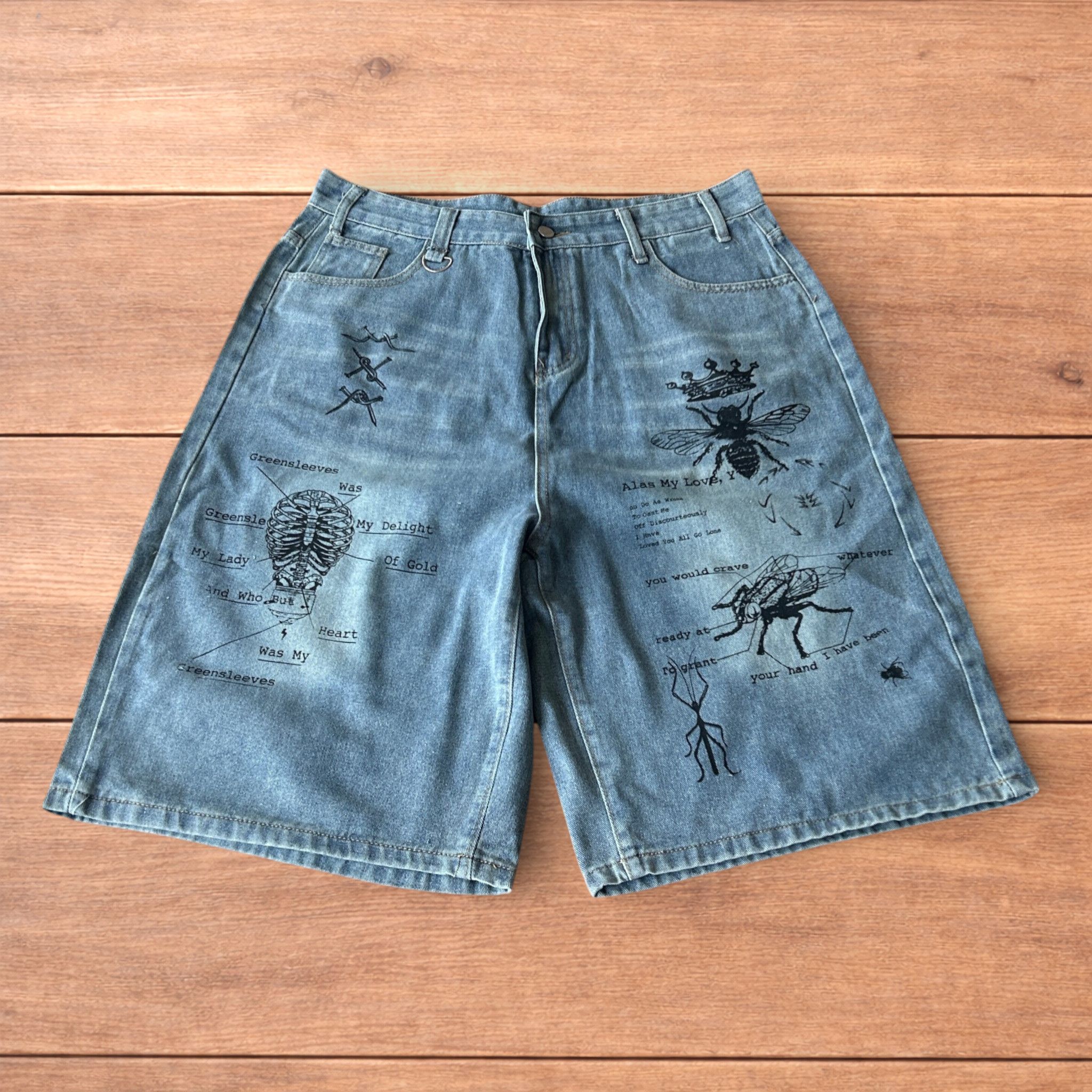 Japanese Brand Baggy wide leg denim shorts jorts w. graphic in light blue. Size US 36 / EU 52 - 1 Thumbnail